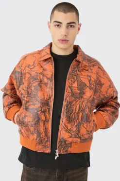 Boxy Printed Pu Collared Bomber | BoohooMAN UK