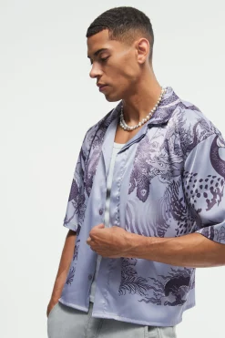 Boxy Printed Satin Revere Shirt | BoohooMAN UK