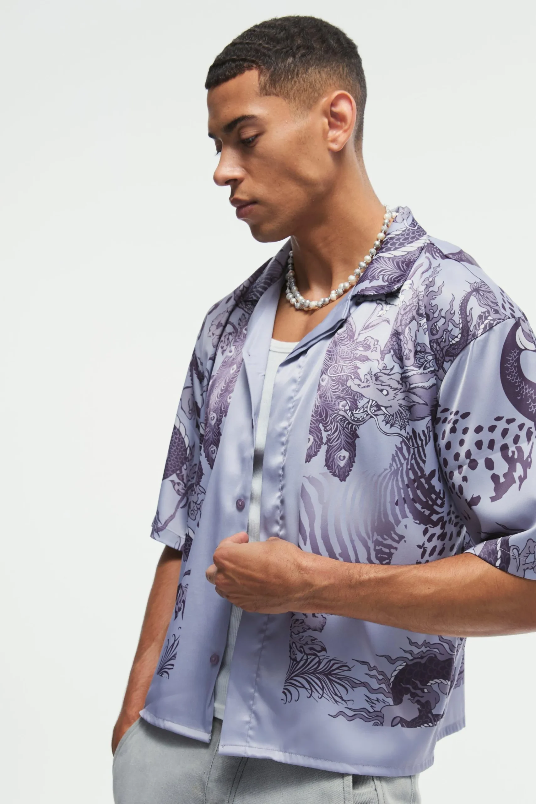 Boxy Printed Satin Revere Shirt | BoohooMAN UK