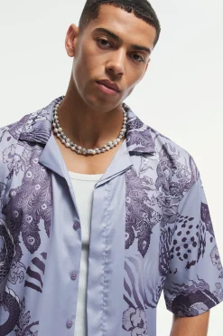 Boxy Printed Satin Revere Shirt | BoohooMAN UK