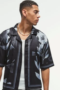 Boxy Printed Satin Revere Short Sleeve Shirt | BoohooMAN UK