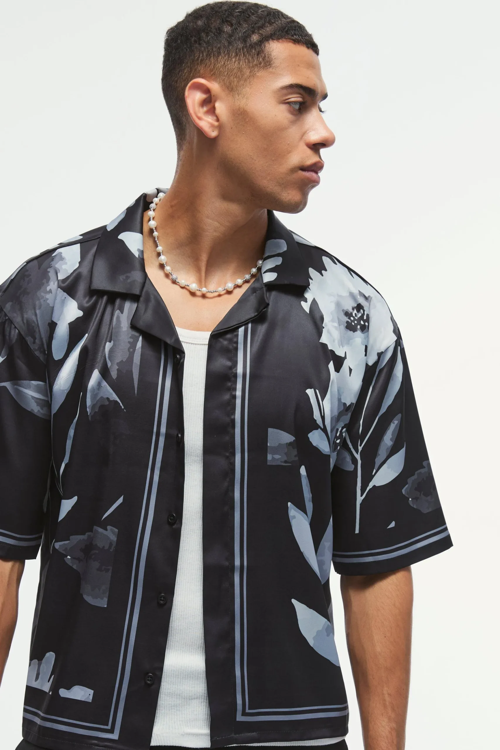 Boxy Printed Satin Revere Short Sleeve Shirt | BoohooMAN UK