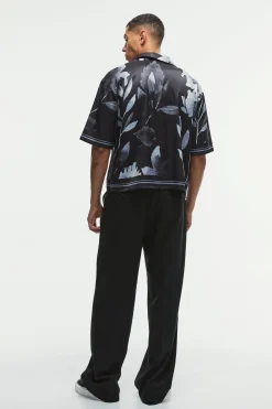 Boxy Printed Satin Revere Short Sleeve Shirt | BoohooMAN UK