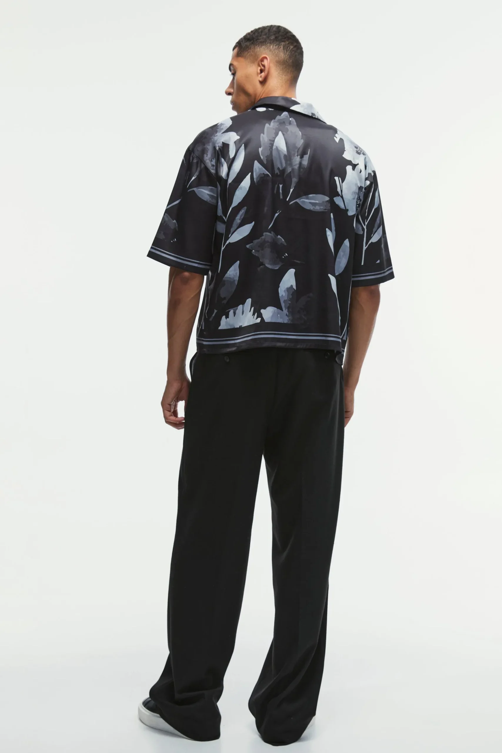 Boxy Printed Satin Revere Short Sleeve Shirt | BoohooMAN UK