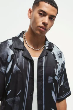 Boxy Printed Satin Revere Short Sleeve Shirt | BoohooMAN UK