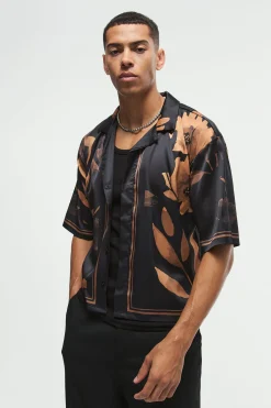 Boxy Printed Satin Revere Short Sleeve Shirt | BoohooMAN UK