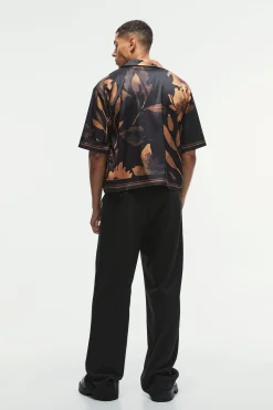 Boxy Printed Satin Revere Short Sleeve Shirt | BoohooMAN UK