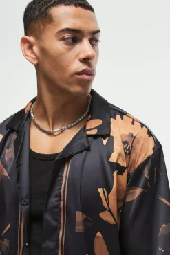 Boxy Printed Satin Revere Short Sleeve Shirt | BoohooMAN UK