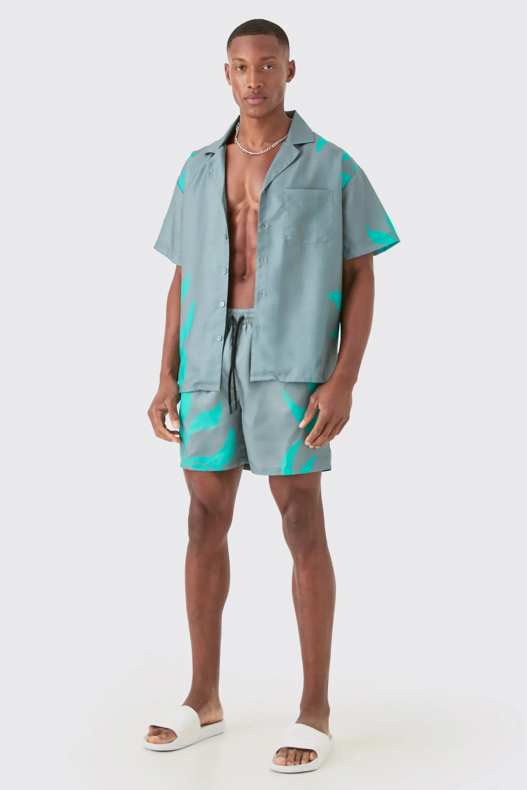 Boxy Printed Shirt And Swim Short Set | BoohooMAN UK