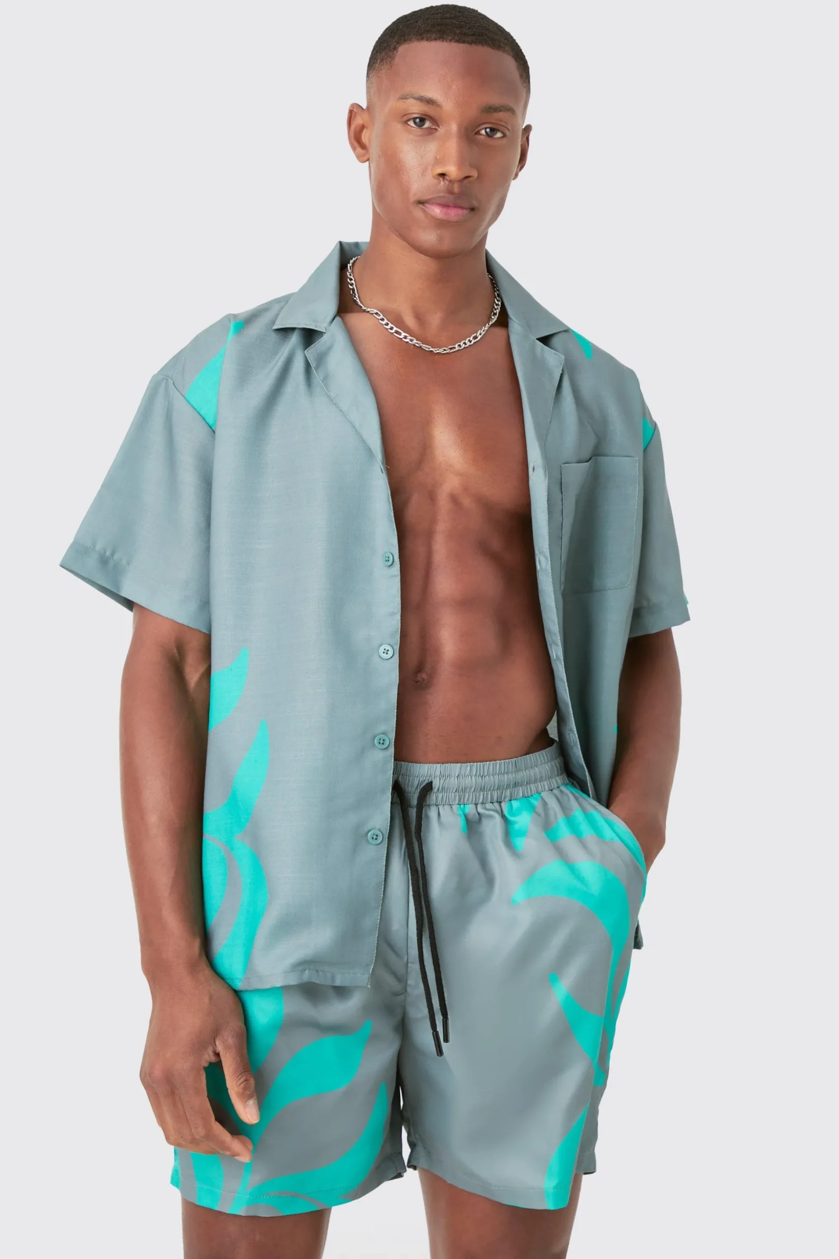 Boxy Printed Shirt And Swim Short Set | BoohooMAN UK