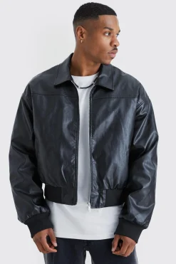 Boxy Pu Collared Bomber | BoohooMAN UK