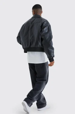 Boxy Pu Collared Bomber | BoohooMAN UK