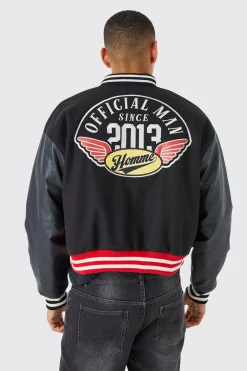 Boxy Pu Colourblock Varsity Jacket | BoohooMAN UK