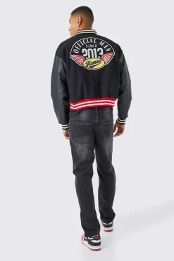 Boxy Pu Colourblock Varsity Jacket | BoohooMAN UK