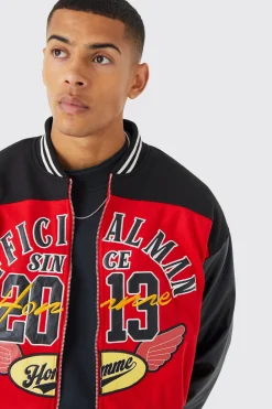 Boxy Pu Colourblock Varsity Jacket | BoohooMAN UK