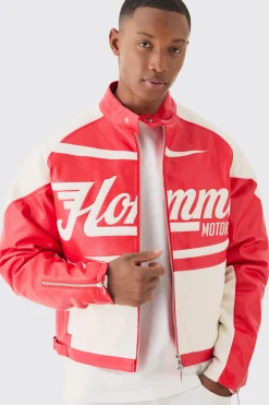 Boxy Pu Contrast Boucle Panel Moto Jacket | BoohooMAN UK