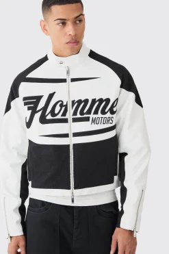 Boxy Pu Contrast Boucle Panel Moto Jacket | BoohooMAN UK