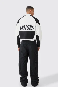 Boxy Pu Contrast Boucle Panel Moto Jacket | BoohooMAN UK
