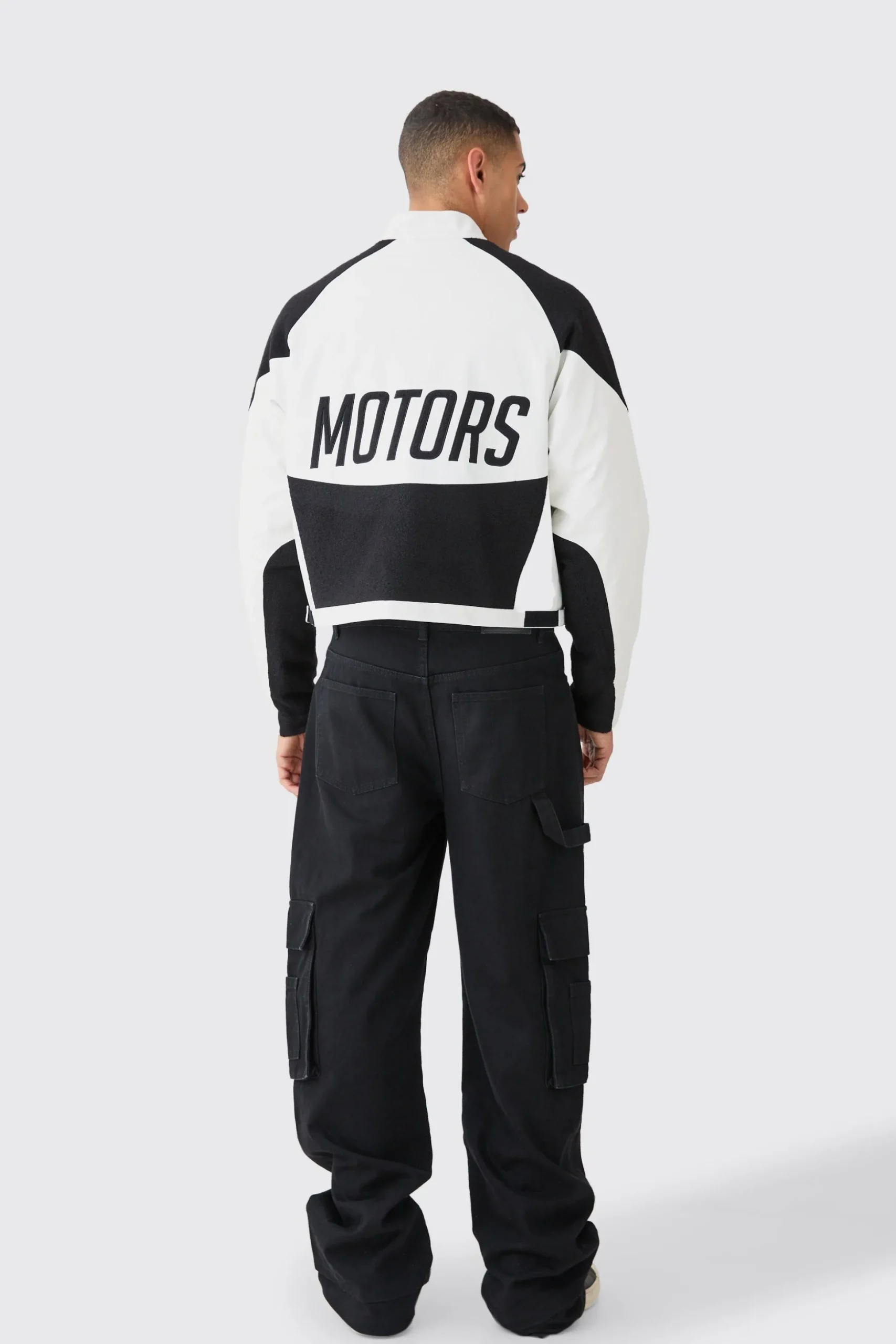 Boxy Pu Contrast Boucle Panel Moto Jacket | BoohooMAN UK