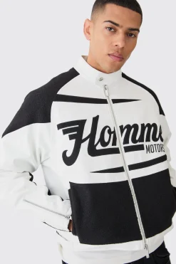 Boxy Pu Contrast Boucle Panel Moto Jacket | BoohooMAN UK