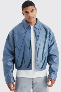 Boxy Pu Contrast Embroidery Bomber | BoohooMAN UK