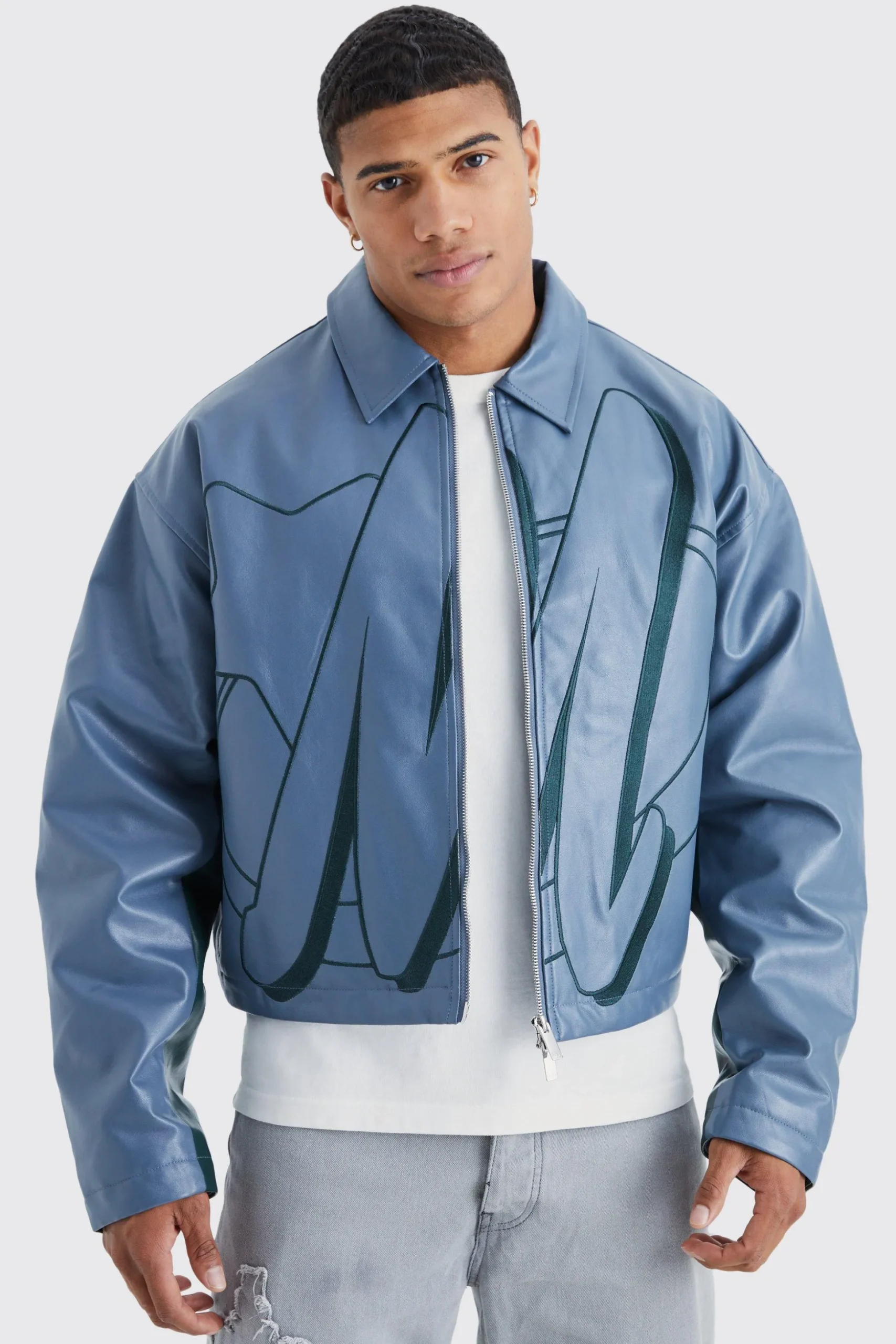 Boxy Pu Contrast Embroidery Bomber | BoohooMAN UK