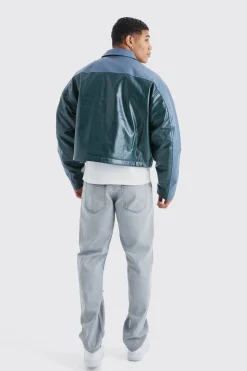 Boxy Pu Contrast Embroidery Bomber | BoohooMAN UK