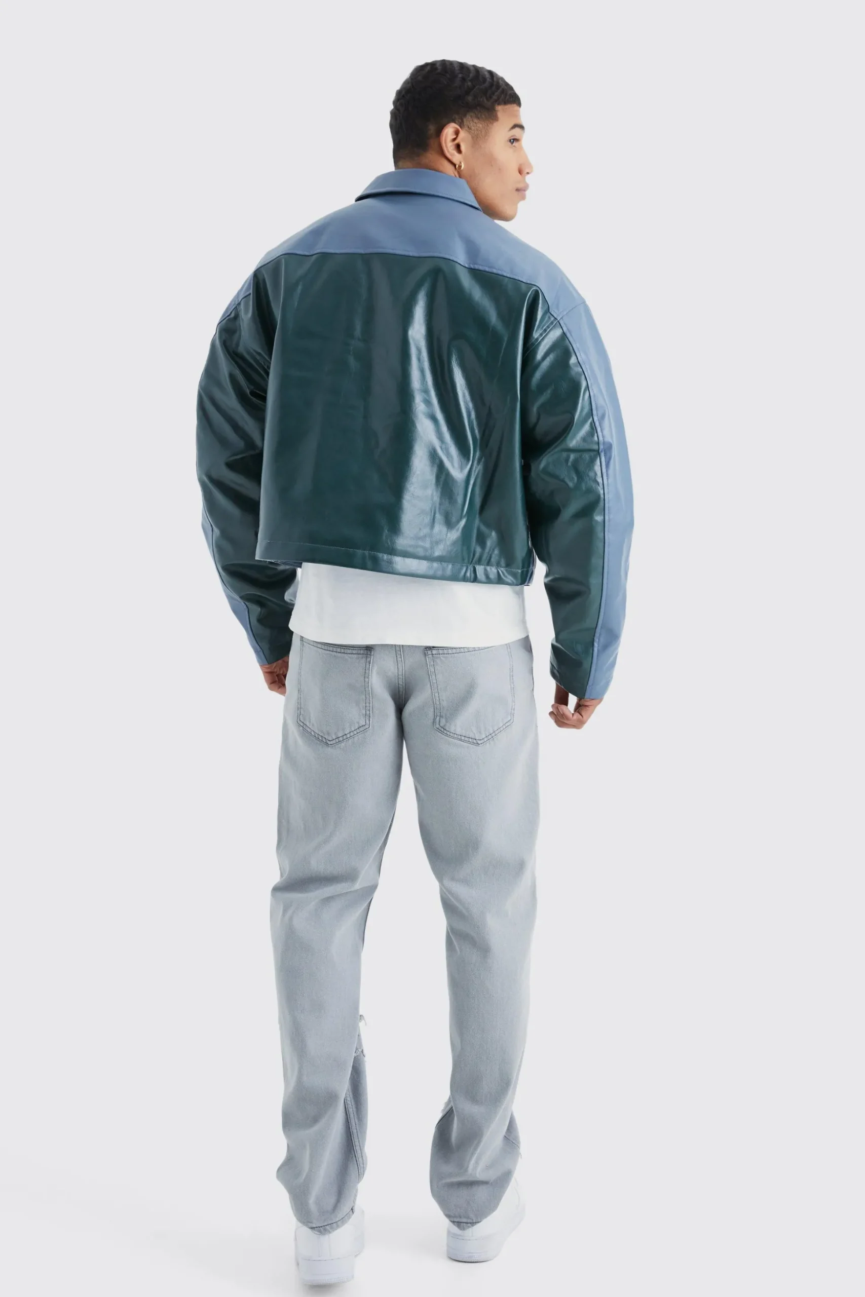 Boxy Pu Contrast Embroidery Bomber | BoohooMAN UK