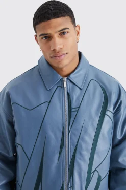 Boxy Pu Contrast Embroidery Bomber | BoohooMAN UK