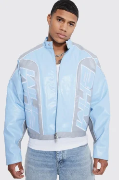 Boxy Pu Contrast Piping Moto Jacket | BoohooMAN UK