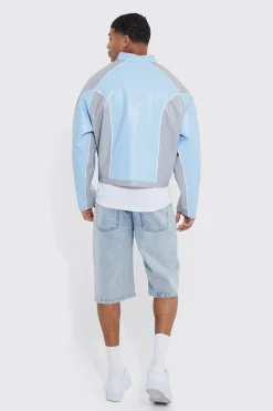 Boxy Pu Contrast Piping Moto Jacket | BoohooMAN UK