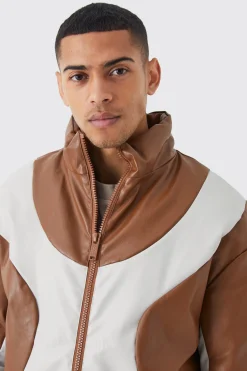 Boxy Pu Funnel Neck Panelled Bomber | BoohooMAN UK
