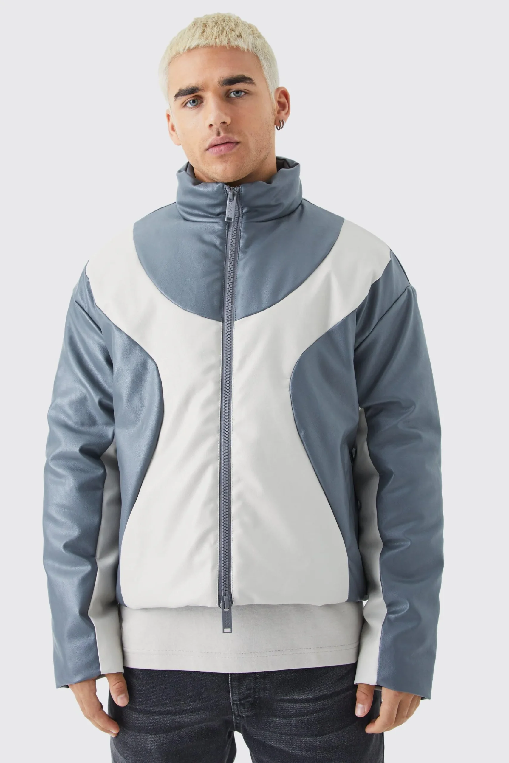 Boxy Pu Funnel Neck Panelled Bomber | BoohooMAN UK
