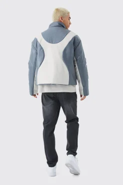 Boxy Pu Funnel Neck Panelled Bomber | BoohooMAN UK