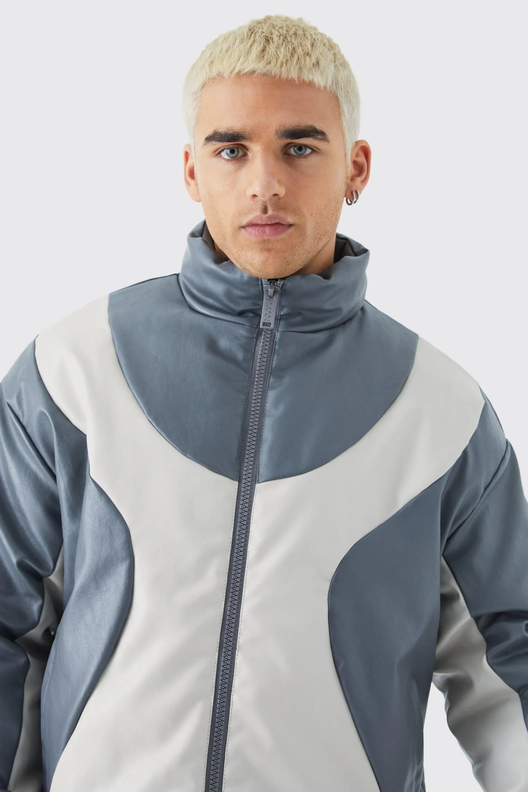 Boxy Pu Funnel Neck Panelled Bomber | BoohooMAN UK