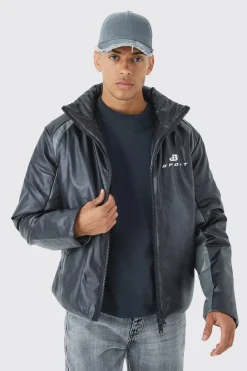 Boxy Pu Moto Pannelled Puffer | BoohooMAN UK