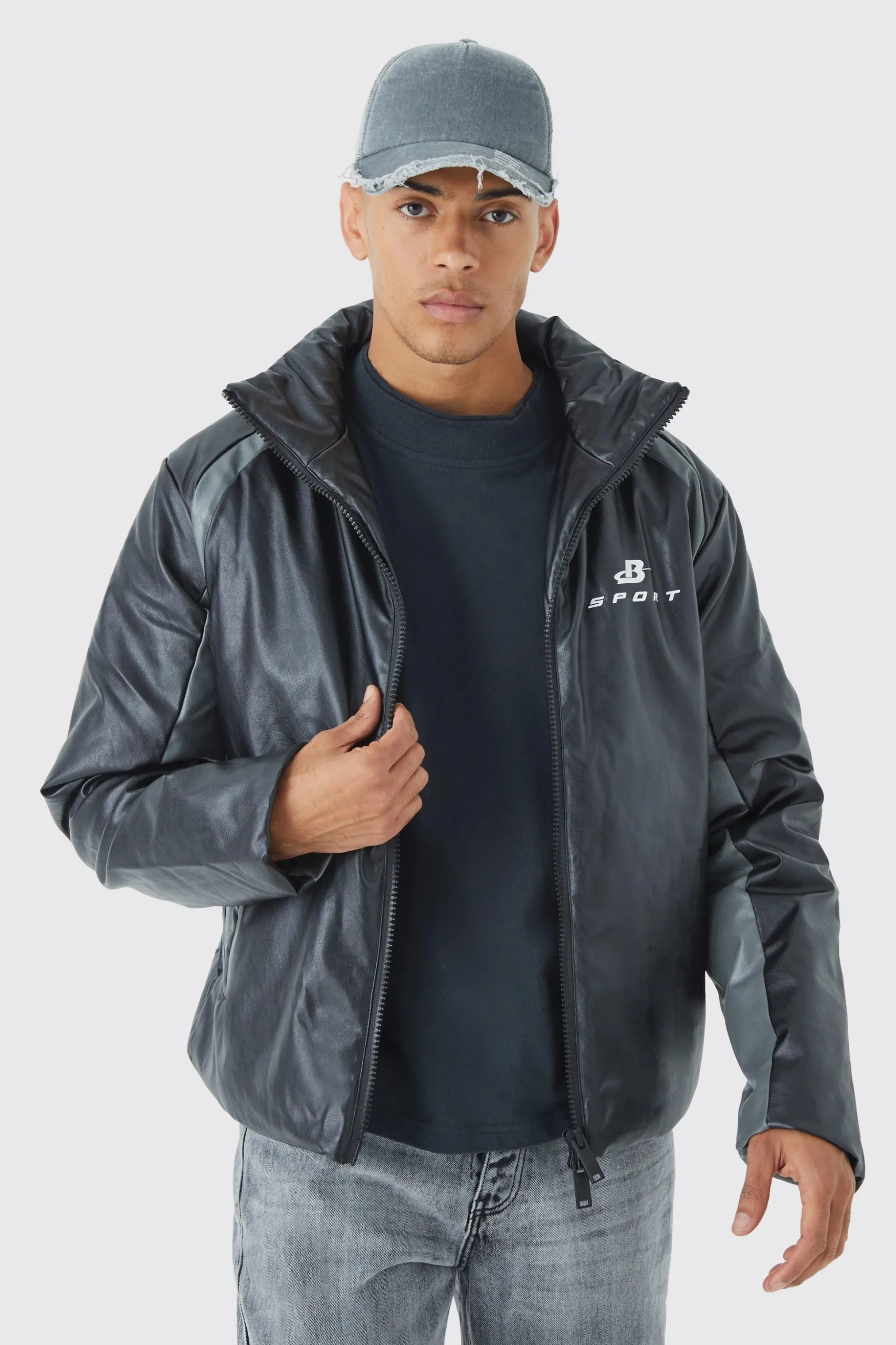 Boxy Pu Moto Pannelled Puffer | BoohooMAN UK