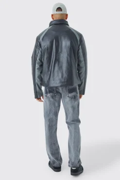 Boxy Pu Moto Pannelled Puffer | BoohooMAN UK
