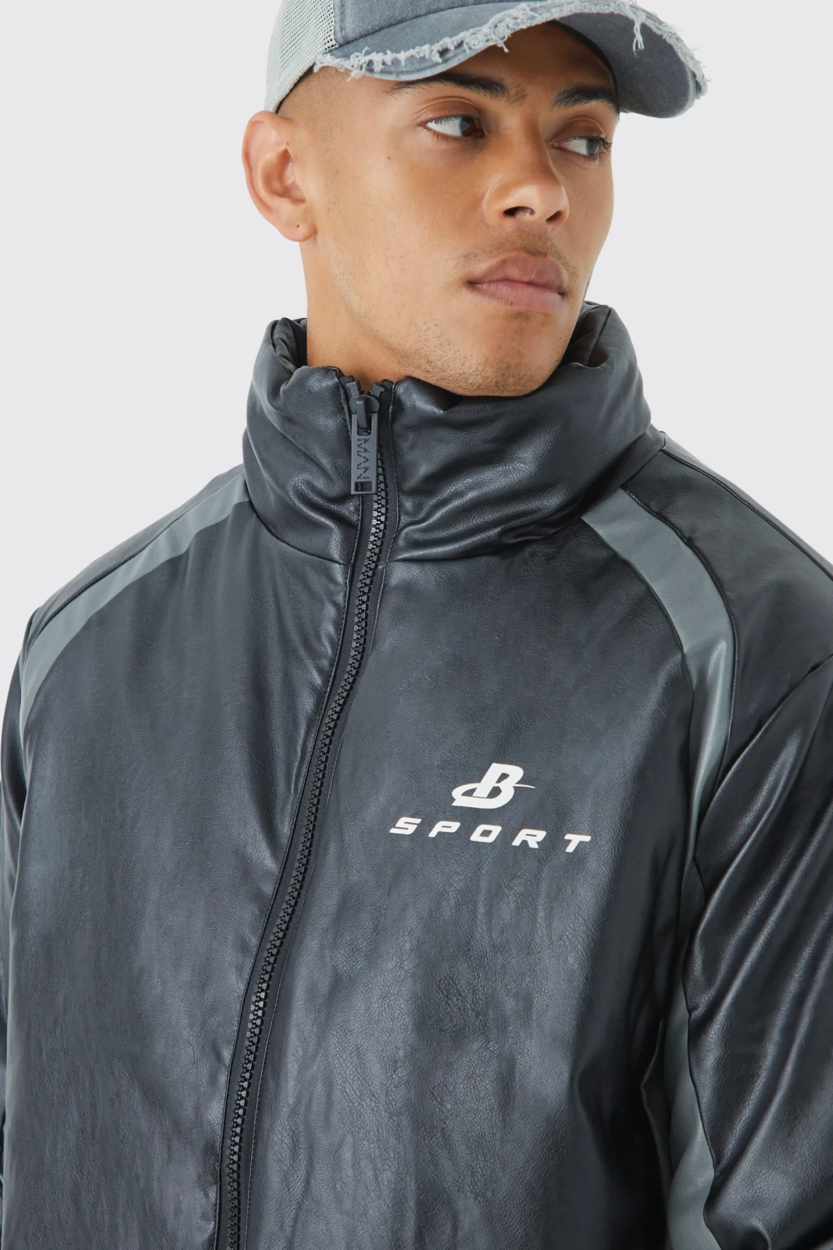 Boxy Pu Moto Pannelled Puffer | BoohooMAN UK