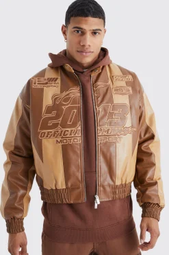 Boxy Pu Panelled Applique Moto Jacket | BoohooMAN UK