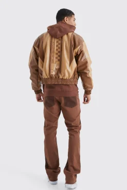 Boxy Pu Panelled Applique Moto Jacket | BoohooMAN UK