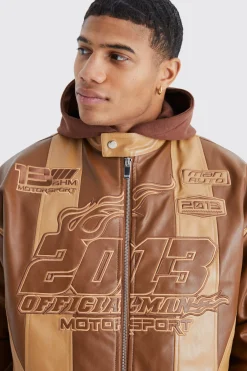 Boxy Pu Panelled Applique Moto Jacket | BoohooMAN UK