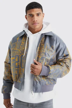 Boxy Pu Scenic Embroidery Bomber Jacket | BoohooMAN UK
