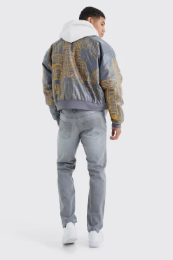 Boxy Pu Scenic Embroidery Bomber Jacket | BoohooMAN UK