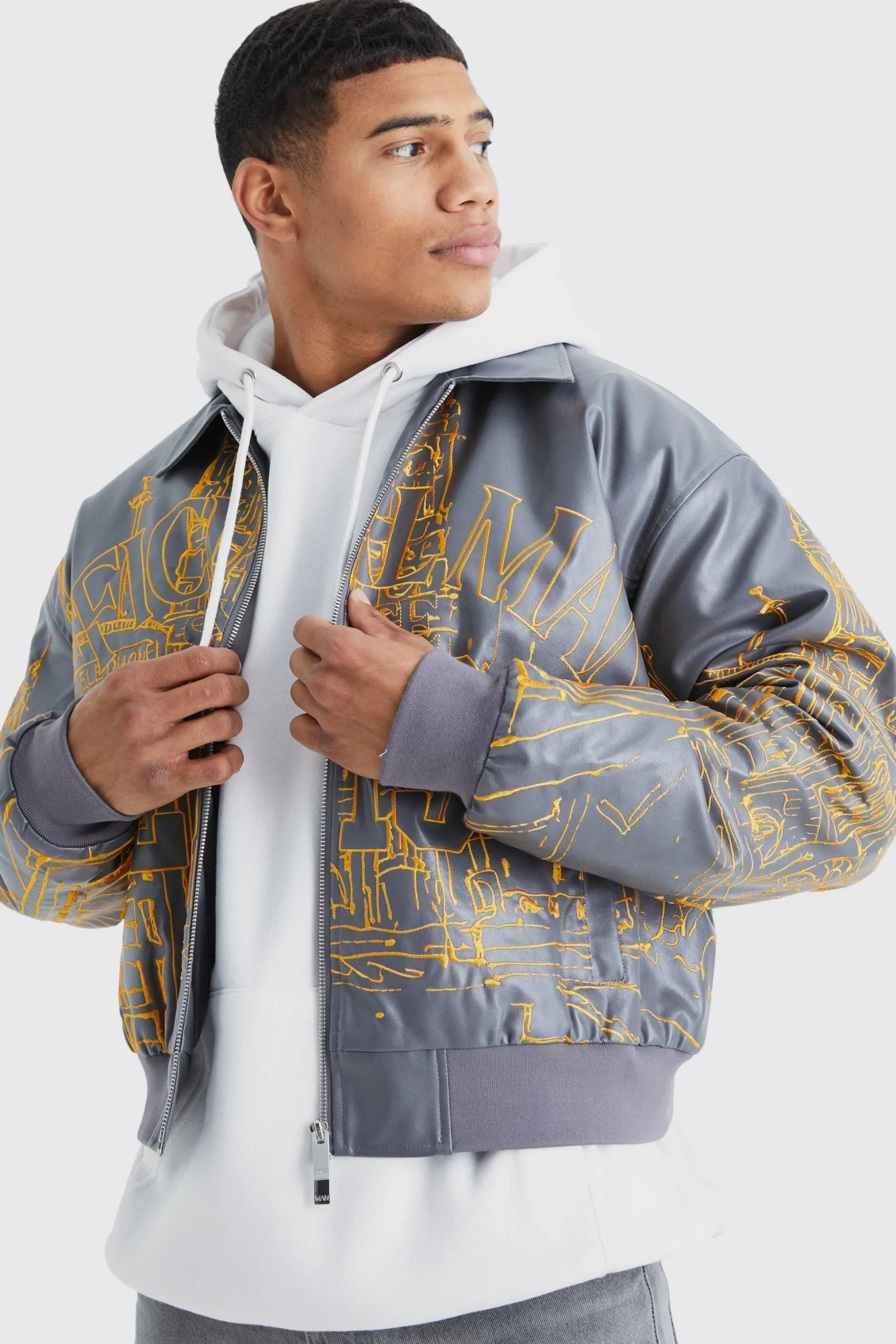Boxy Pu Scenic Embroidery Bomber Jacket | BoohooMAN UK