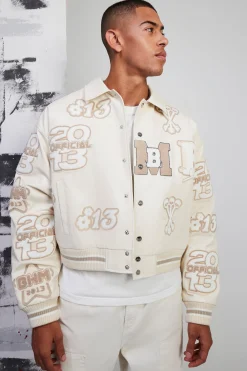 Boxy Pu Tonal Badge Varsity Jacket | BoohooMAN UK