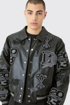 Boxy Pu Tonal Badge Varsity Jacket | BoohooMAN UK