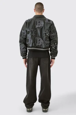 Boxy Pu Tonal Badge Varsity Jacket | BoohooMAN UK