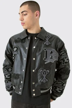 Boxy Pu Tonal Badge Varsity Jacket | BoohooMAN UK
