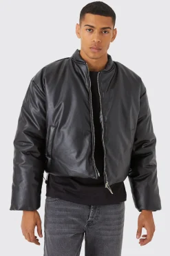 Boxy Pu Volume Padded Puffer Bomber | BoohooMAN UK